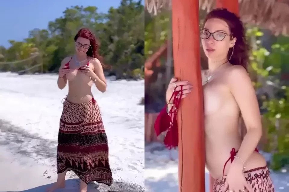 Cibelly Ferreira tirou o biquini em praia paradisíaca